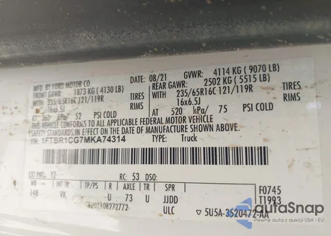 2021 Ford Transit-250 from USA, damaged, VIN 1FTBR1CG7MKA74314